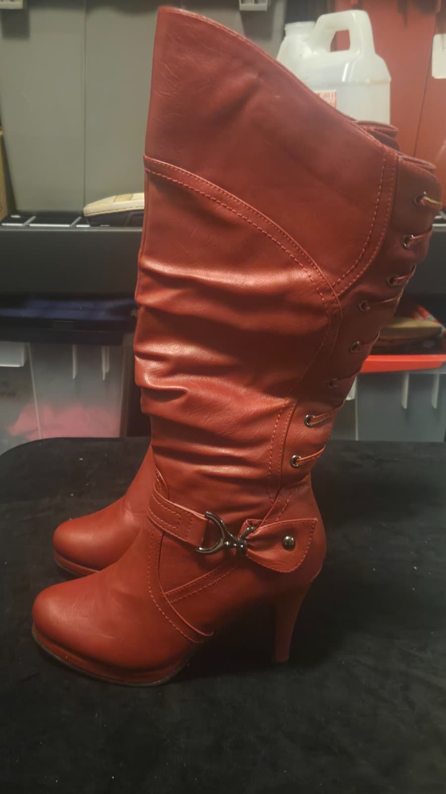 Top Moda Women’s Size 7 Red Knee High Boots Lace Up Platform High Heel - Thumbnail 10