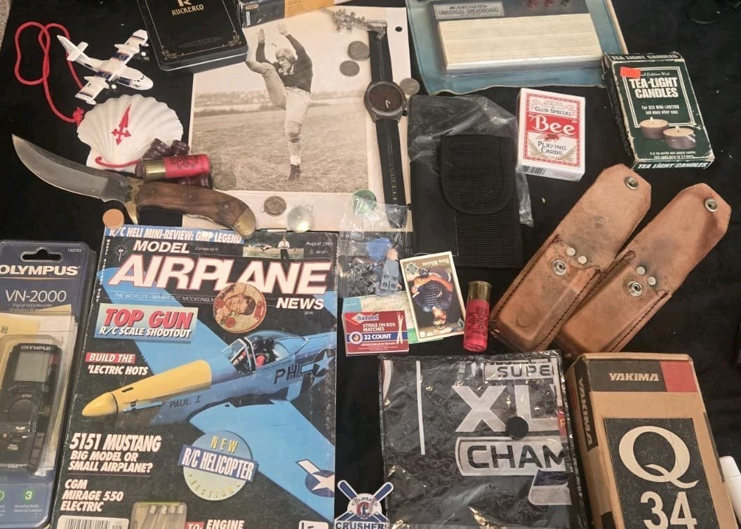 Vintage Men’s Junk Drawer Estate Lot Coins Knife LEGO Stamps Watch Tools - Thumbnail 2