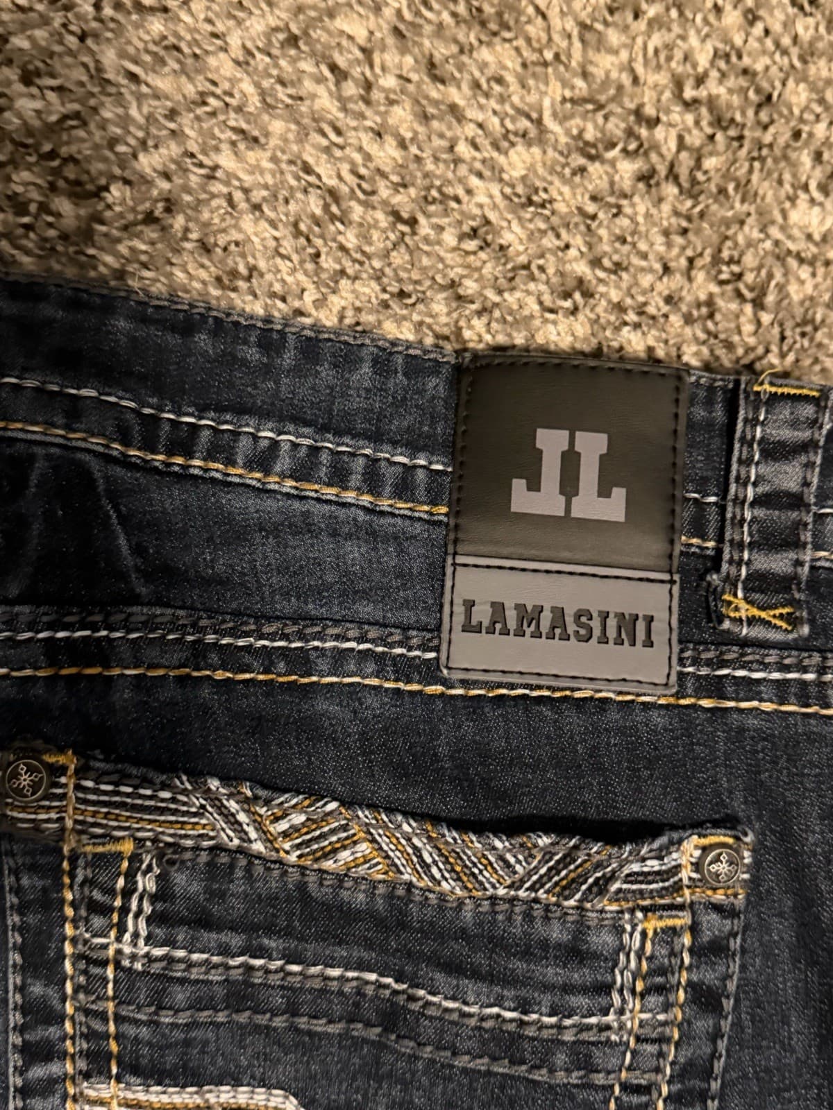 Lamasini Men Jeans Blue 34x32 Embroidered Pockets Thick Stitch Dark Wash - Thumbnail 8