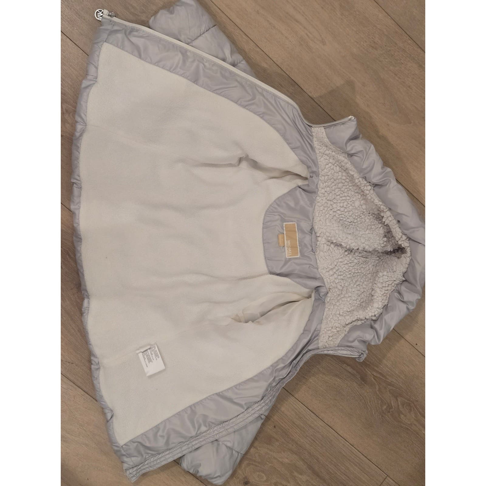 Michael Kors Girls Puffer Jacket 4T Gray Hooded Coat MK Logo - Thumbnail 11