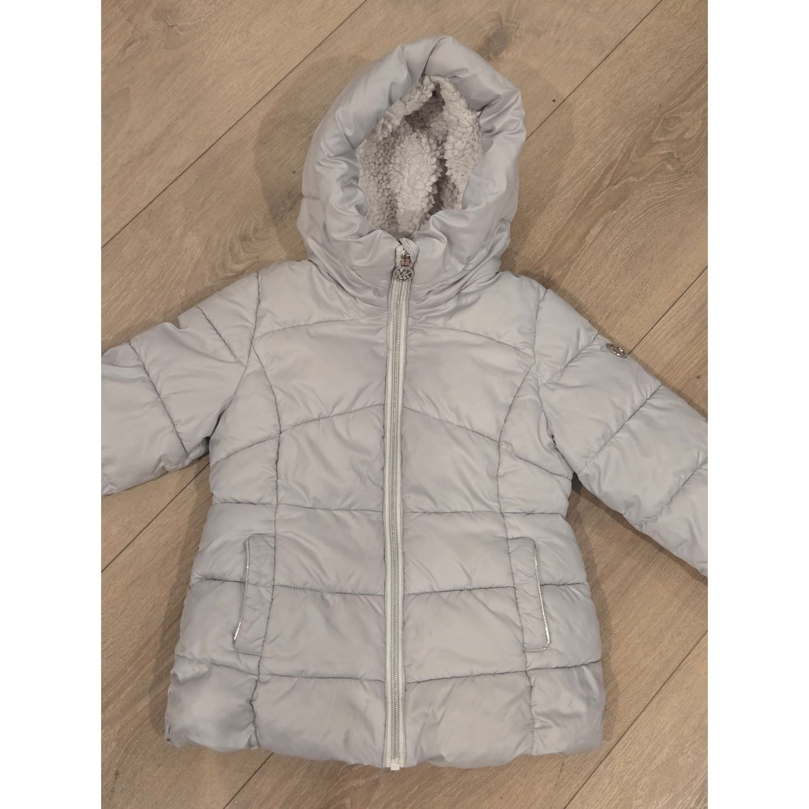 Michael Kors Girls Puffer Jacket 4T Gray Hooded Coat MK Logo - Thumbnail 6