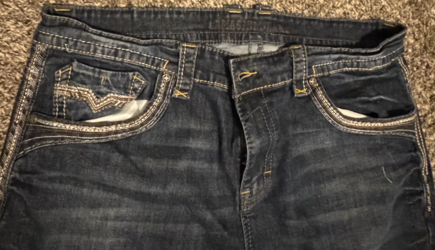 Lamasini Men Jeans Blue 34x32 Embroidered Pockets Thick Stitch Dark Wash - Thumbnail 7