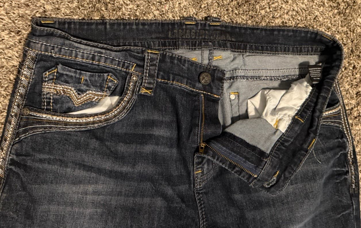 Lamasini Men Jeans Blue 34x32 Embroidered Pockets Thick Stitch Dark Wash - Thumbnail 5