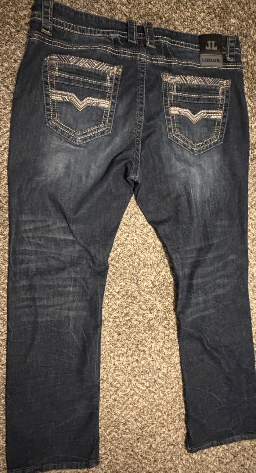 Lamasini Men Jeans Blue 34x32 Embroidered Pockets Thick Stitch Dark Wash - Thumbnail 2