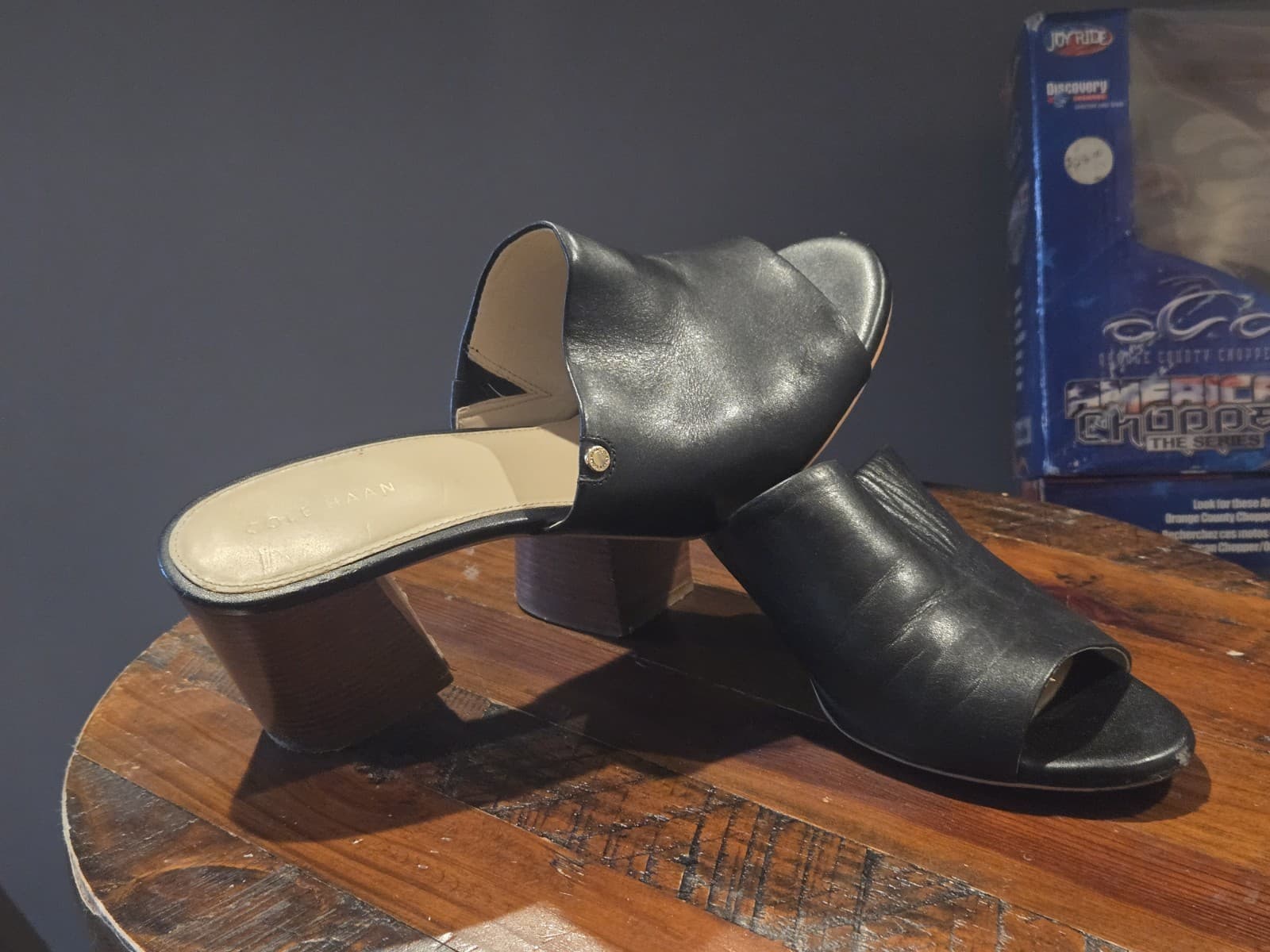 Cole Haan Black Leather Mule Heels Block Heel Slip On Open Toe Womens Size 8.5B
