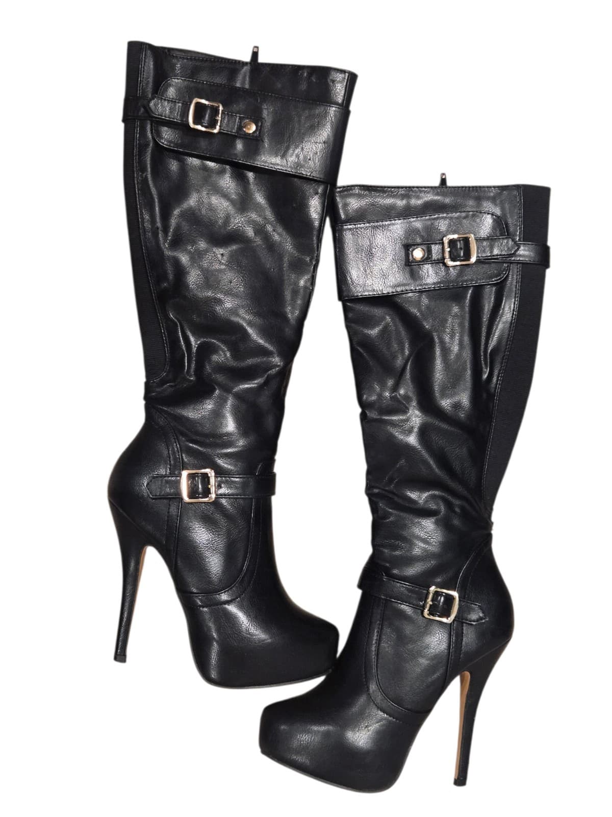 Nature Breeze Knee High Boots Womens Size 7 Black Stiletto Heel Platform Buckle - Thumbnail 7