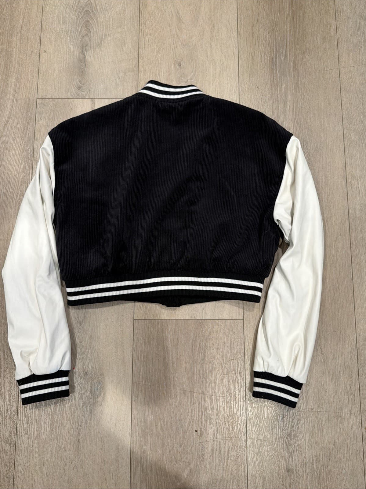 Love Tree Kids Black White Varsity Jacket Letter Striped Ribbing Snap Large - Thumbnail 2