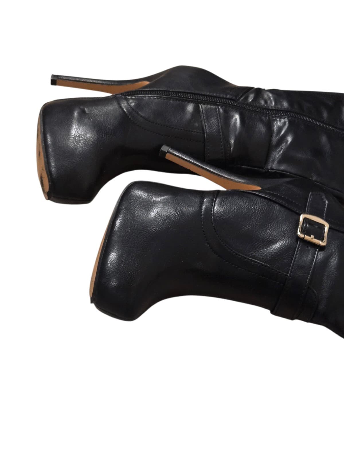Nature Breeze Knee High Boots Womens Size 7 Black Stiletto Heel Platform Buckle - Thumbnail 3