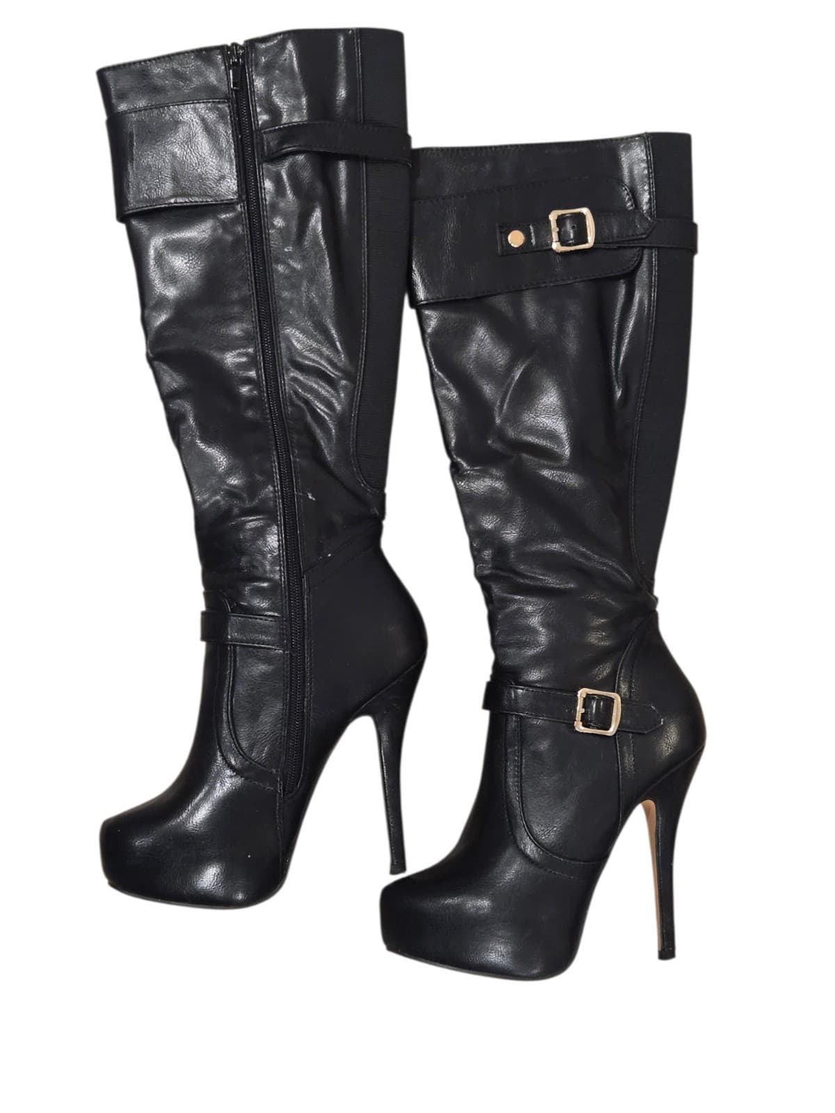 Nature Breeze Knee High Boots Womens Size 7 Black Stiletto Heel Platform Buckle - Thumbnail 15