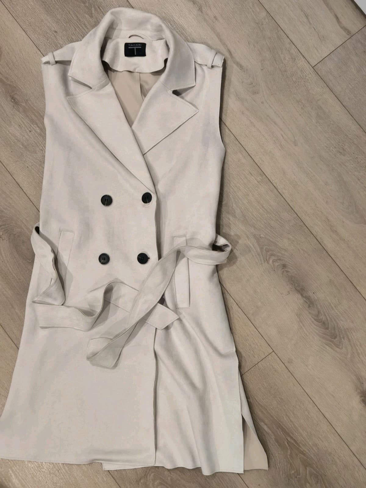 Tahari Sleeveless Trench Coat Dress Womens Small Beige Faux Suede Belted Double - Thumbnail 10