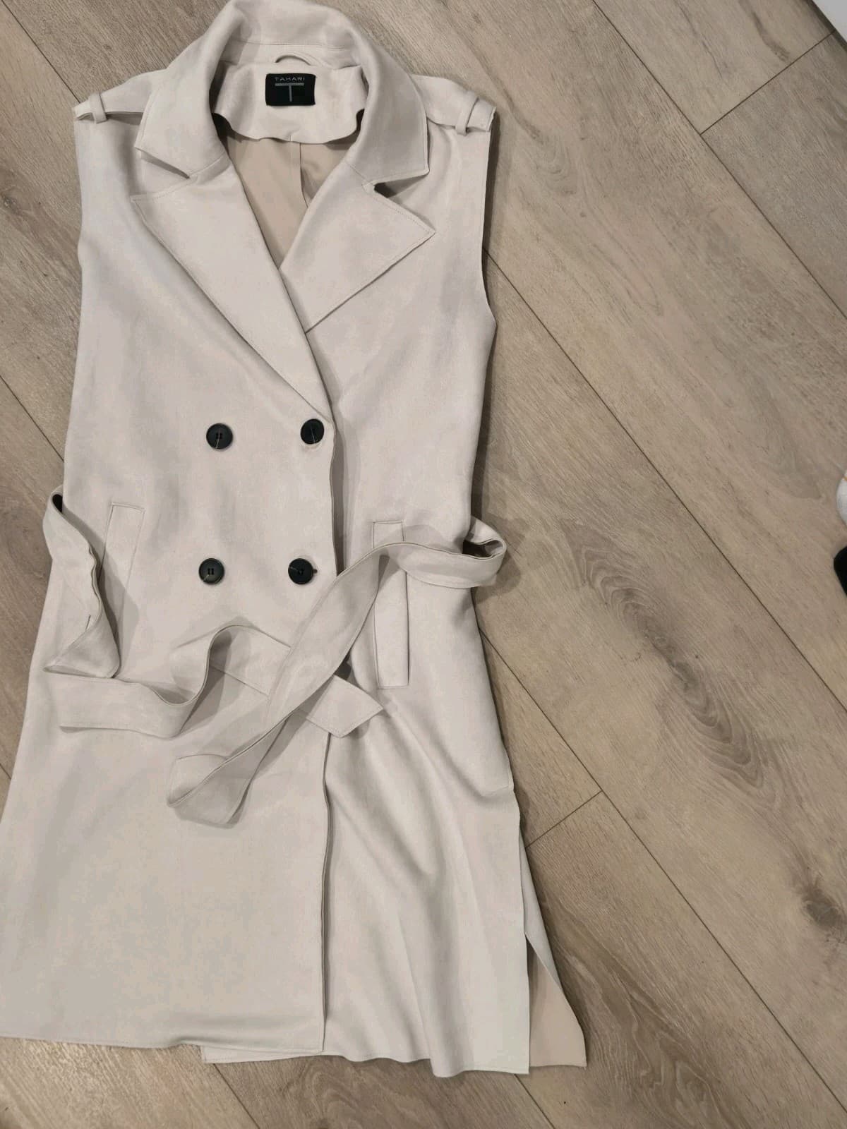 Tahari Sleeveless Trench Coat Dress Womens Small Beige Faux Suede Belted Double - Thumbnail 11