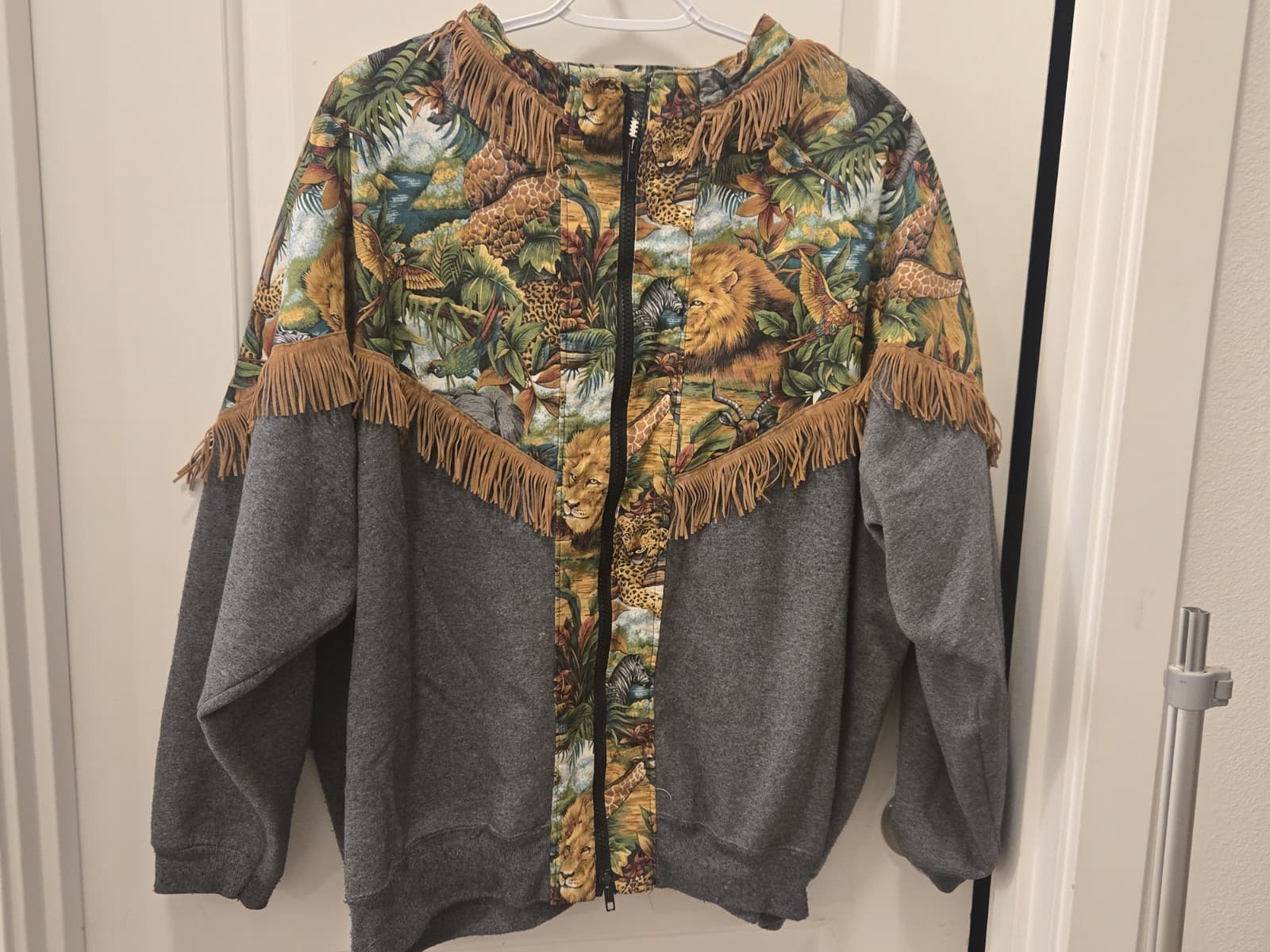 Vintage Safari Animal Print Fringe Zip Up Sweatshirt Jacket Womens 18W 20W - Thumbnail 2