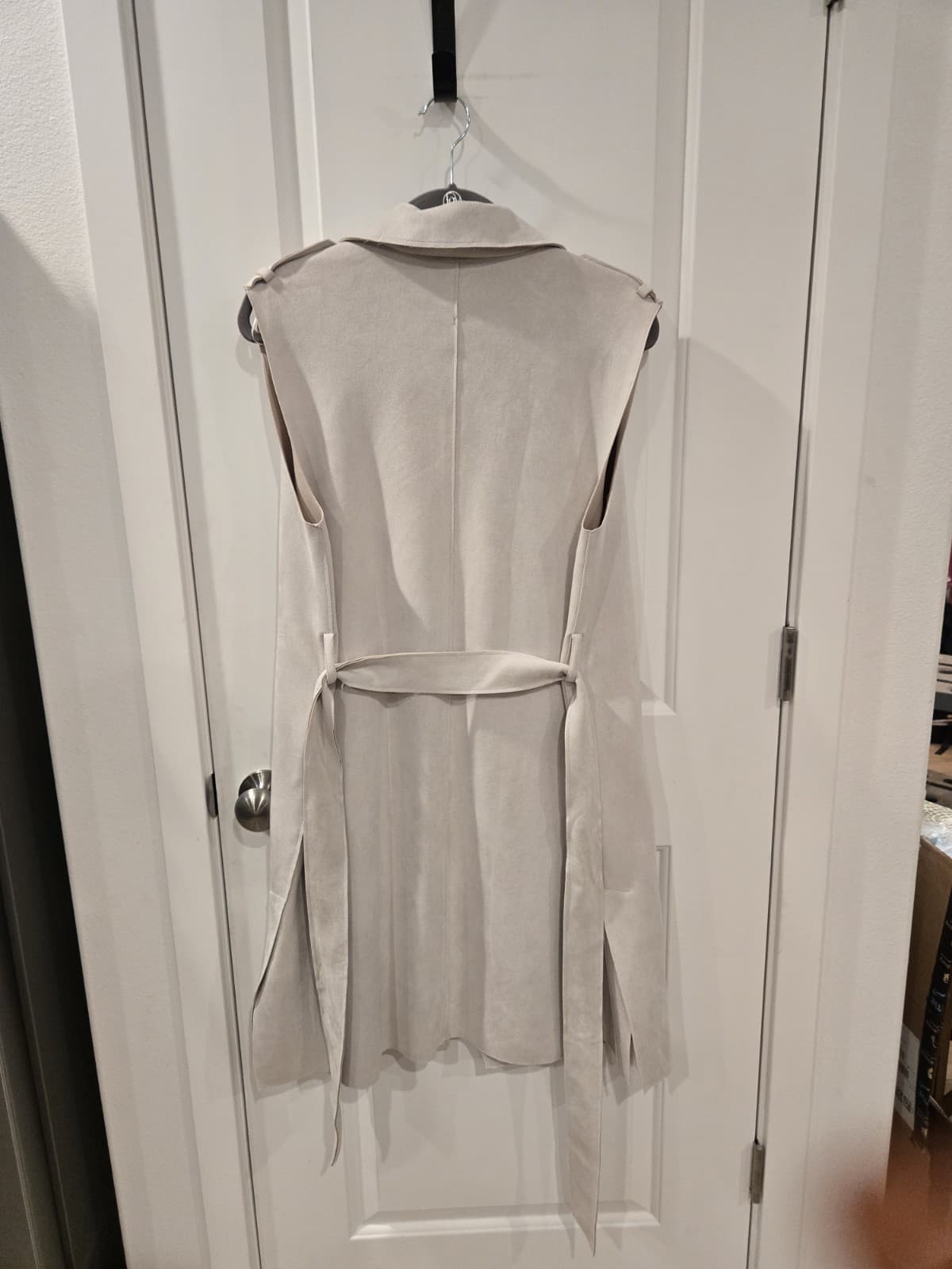 Tahari Sleeveless Trench Coat Dress Womens Small Beige Faux Suede Belted Double - Thumbnail 7
