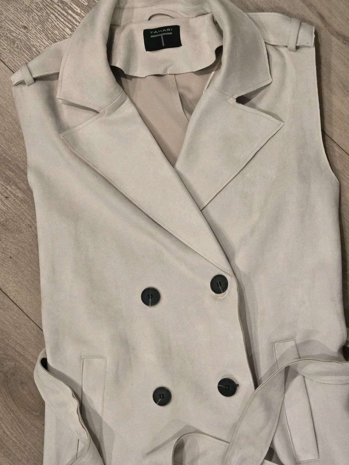Tahari Sleeveless Trench Coat Dress Womens Small Beige Faux Suede Belted Double - Thumbnail 14
