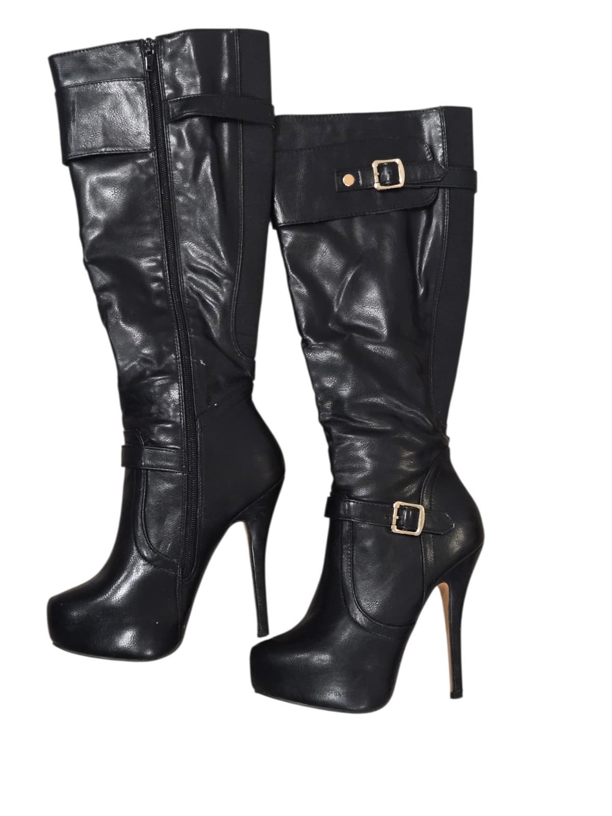 Nature Breeze Knee High Boots Womens Size 7 Black Stiletto Heel Platform Buckle - Thumbnail 16
