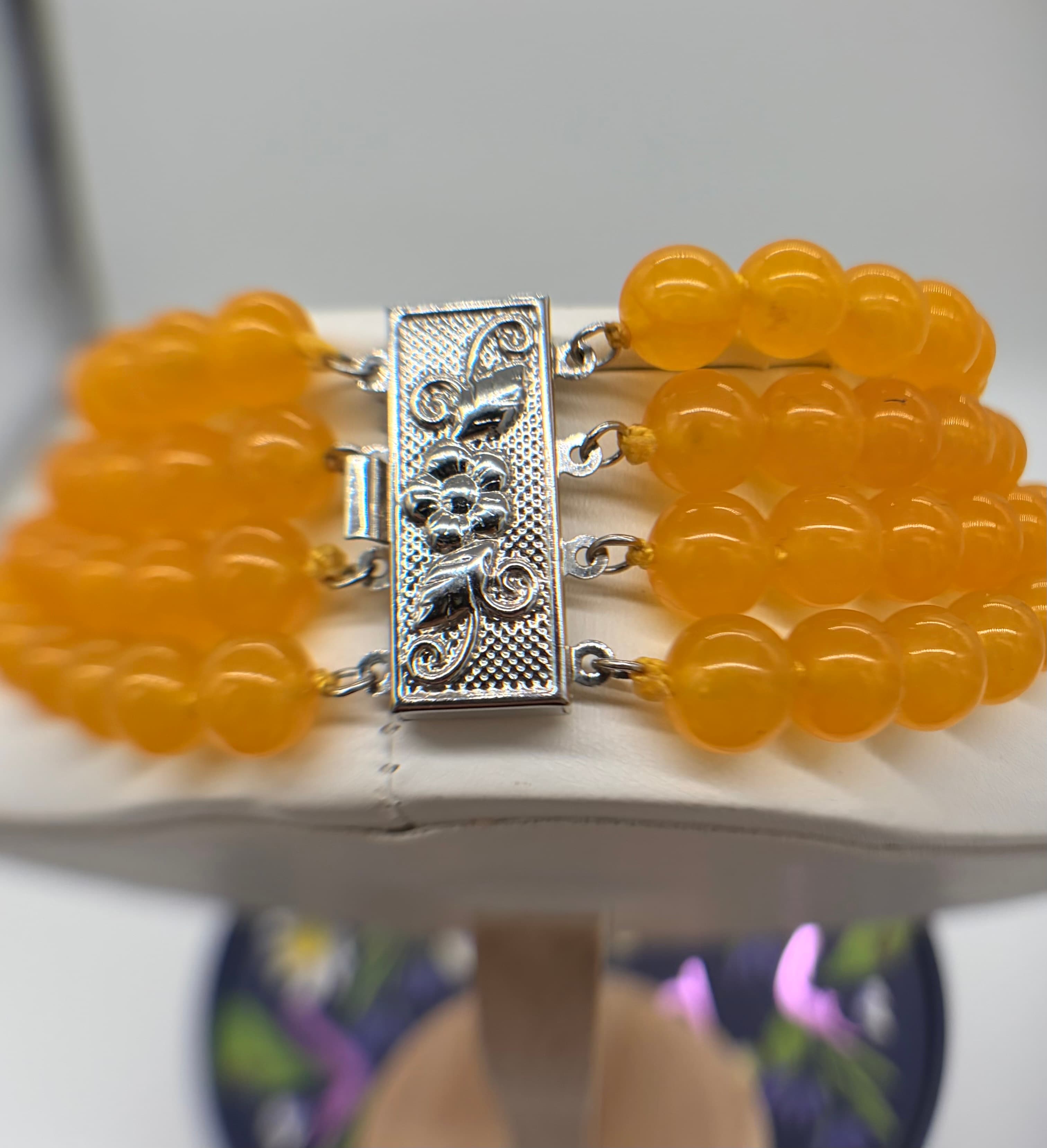 Rare Heavy 145g Vintage Honey Jade Multi-Strand Necklace • 14K White Gold Filled Advance Findings Ornate Box Clasp • Genuine Gemstones - Thumbnail 4