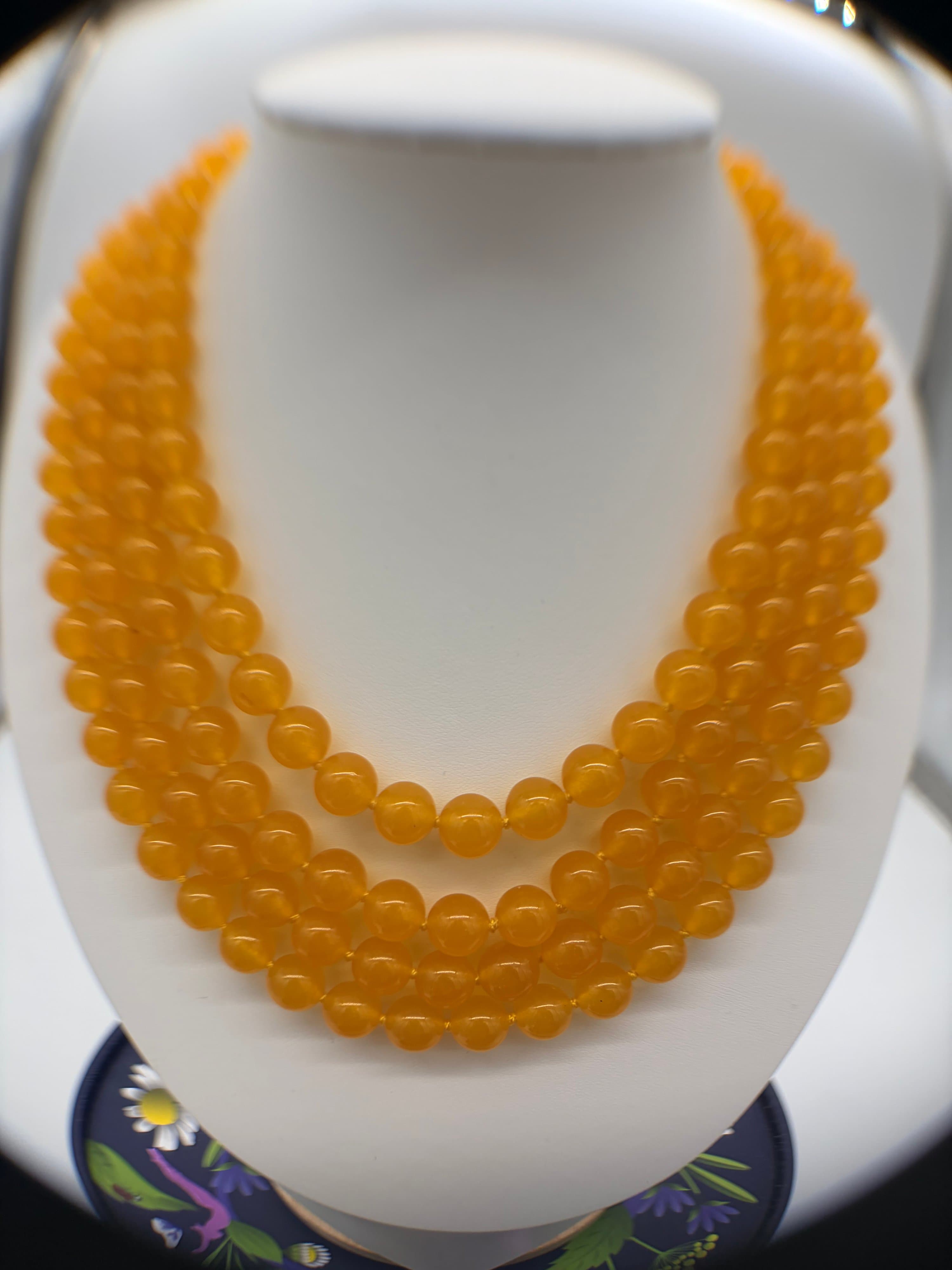 Rare Heavy 145g Vintage Honey Jade Multi-Strand Necklace • 14K White Gold Filled Advance Findings Ornate Box Clasp • Genuine Gemstones - Thumbnail 8