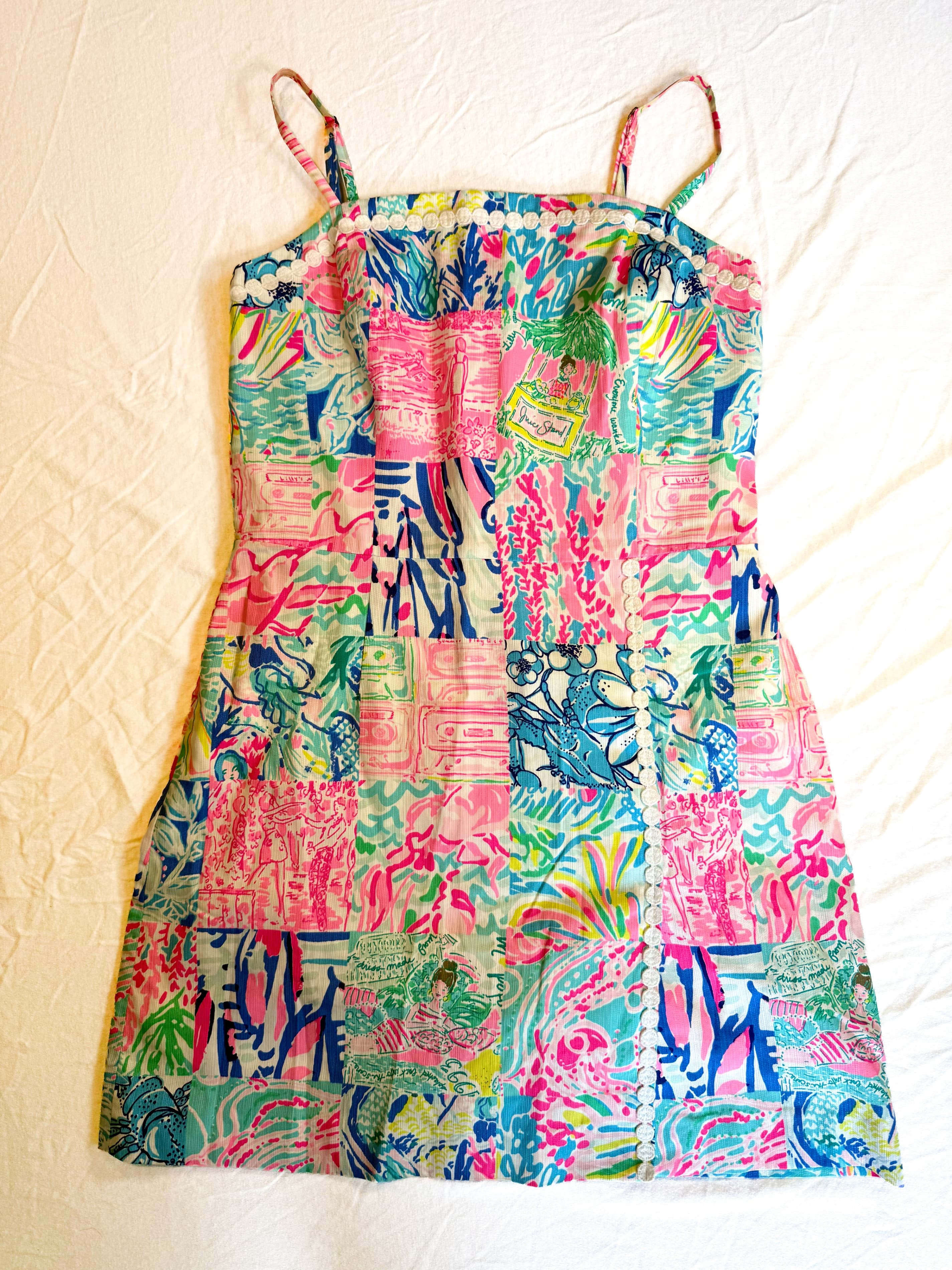 Lilly Pulitzer Womens Patchwork Print Mini Dress Size 2 Pink Blue Tropical Dress