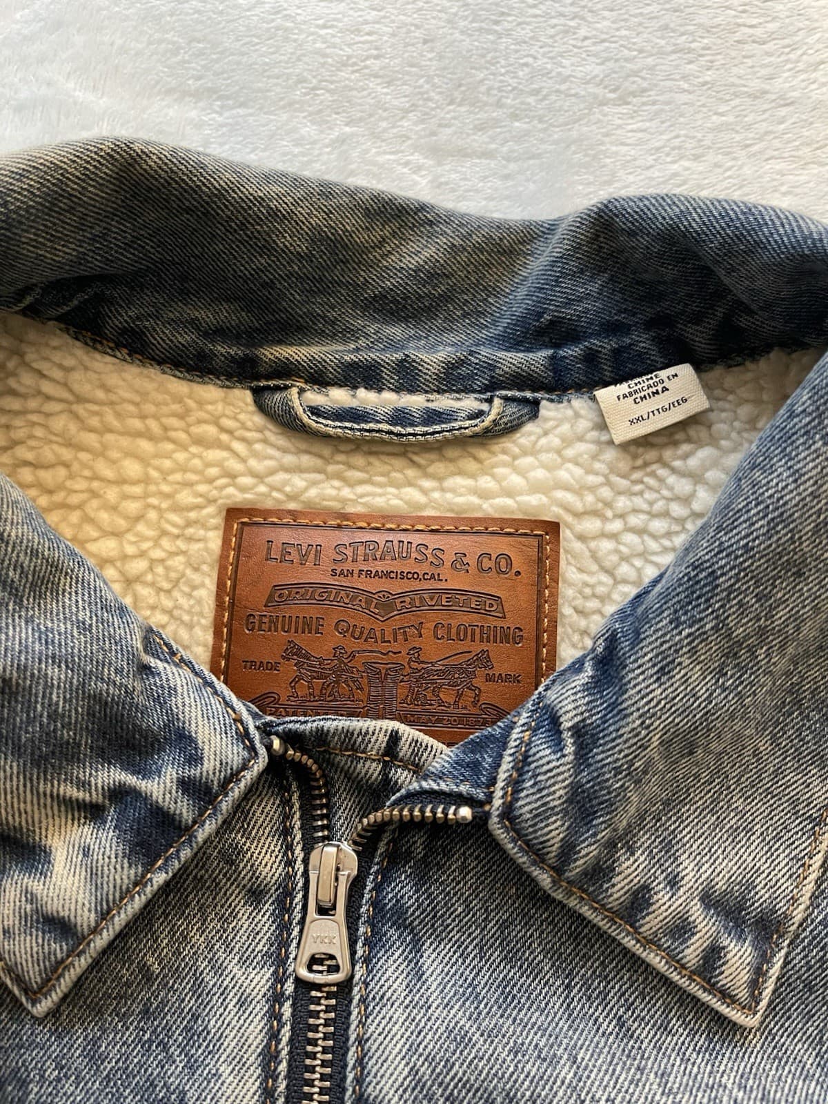 Levis Big E Denim Bomber Jean Jacket Sherpa Zip Up Trucker Mens XXL - Thumbnail 2