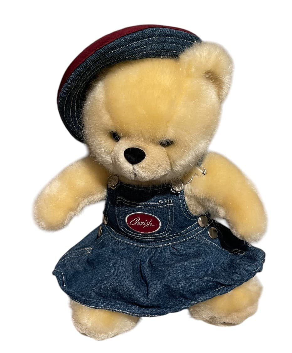 Cherish Collection Teddy Bear Plush Denim Skirt &Hat Blonde Soft Faux Fur EarTag - Thumbnail 7