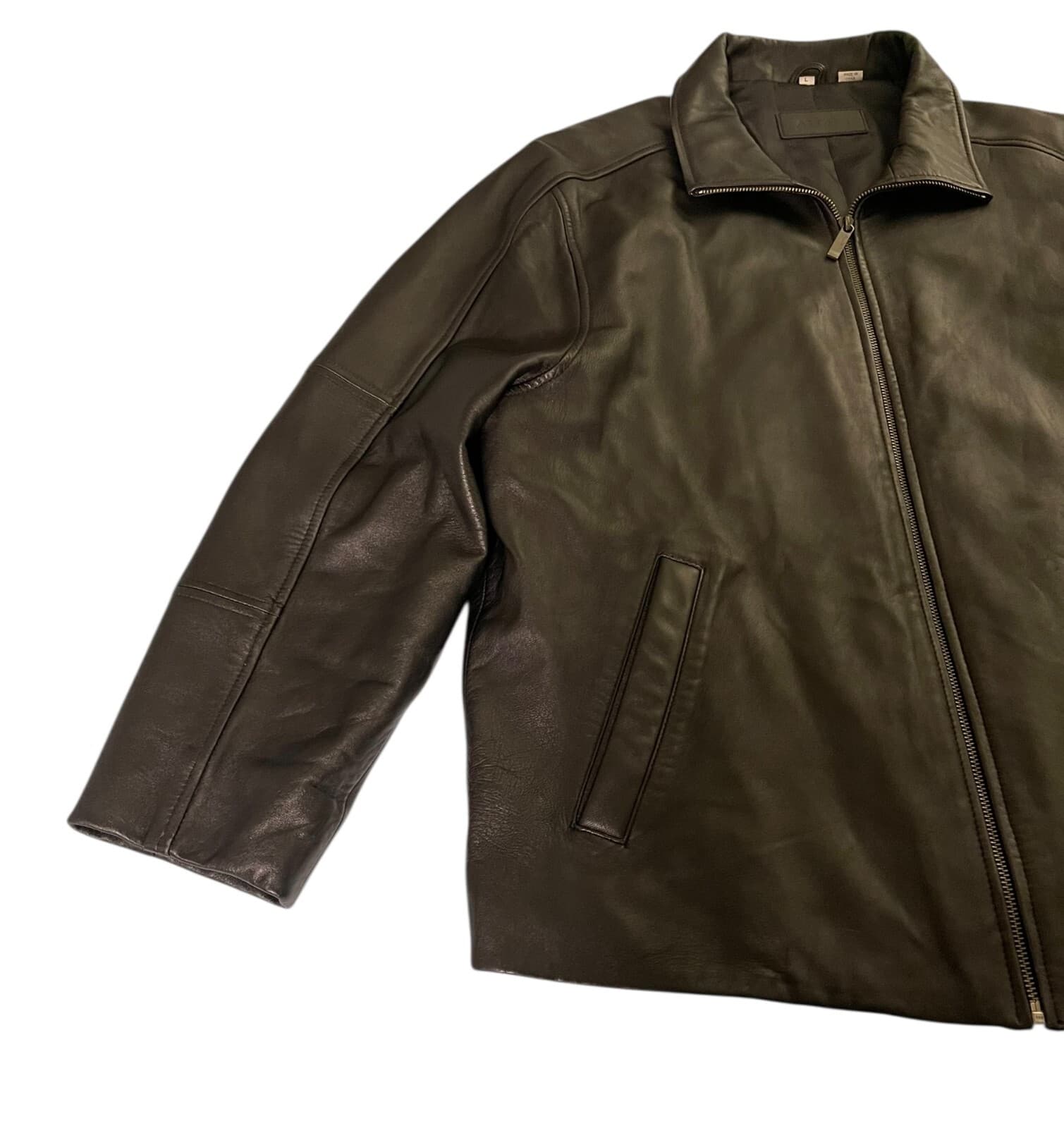 Alfani Men's Black Genuine Leather Bomber Biker Soft Full Zip Jacket Size Large - Thumbnail 4