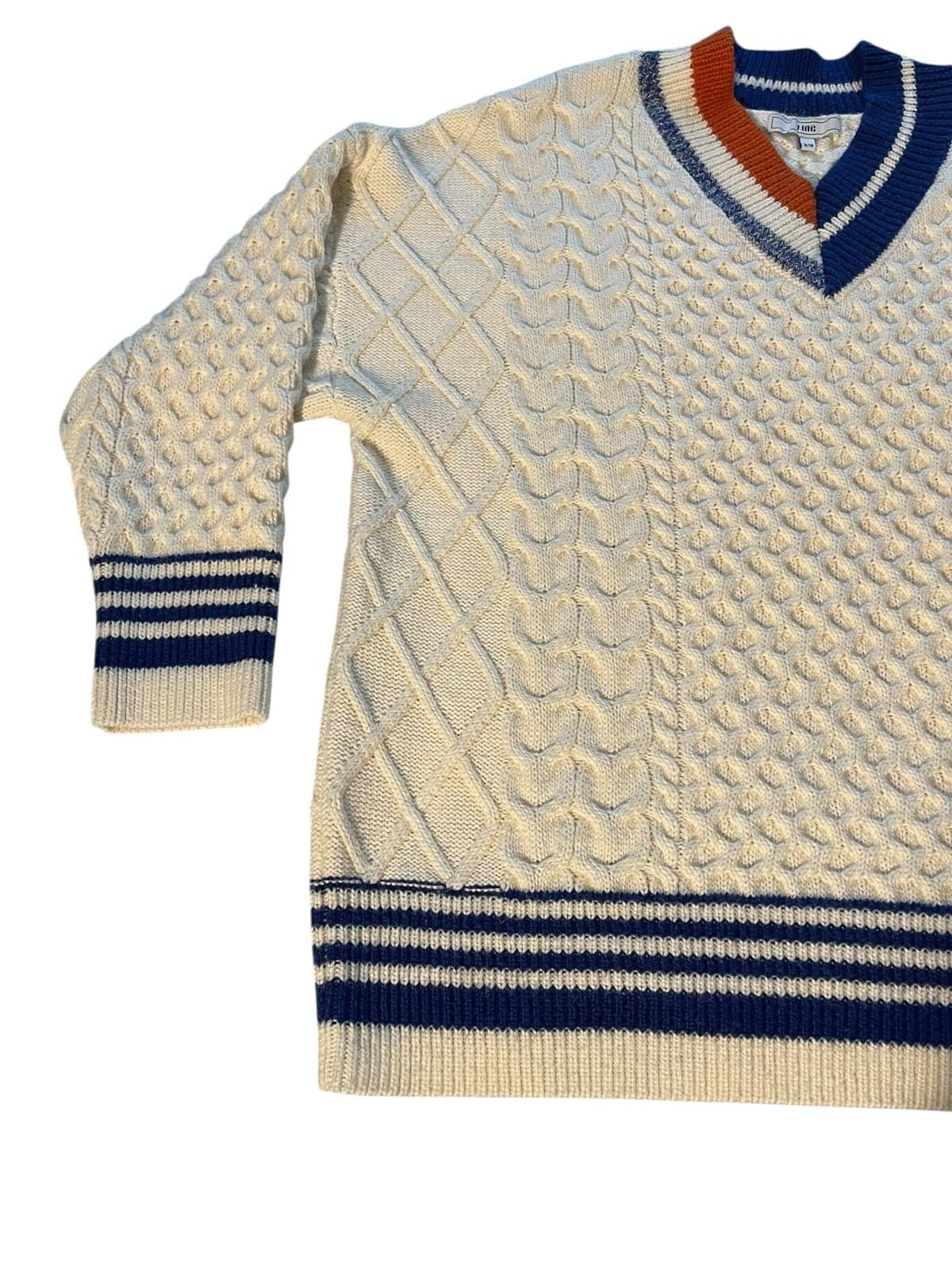 J. Inc Cable Knit Sweater Men's S/M Preppy Cable Knit Varsity V-Neck Style - Thumbnail 6