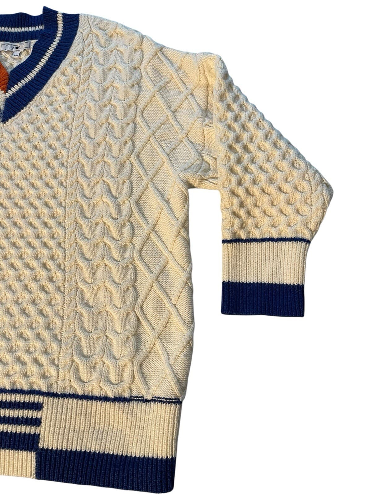 J. Inc Cable Knit Sweater Men's S/M Preppy Cable Knit Varsity V-Neck Style - Thumbnail 5