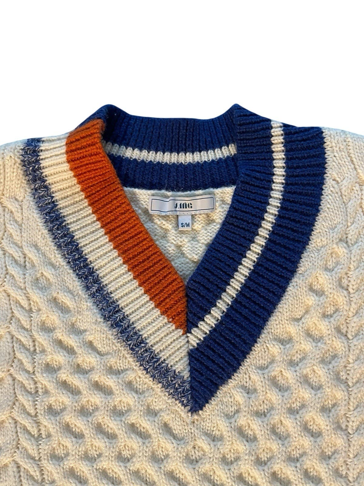J. Inc Cable Knit Sweater Men's S/M Preppy Cable Knit Varsity V-Neck Style - Thumbnail 3