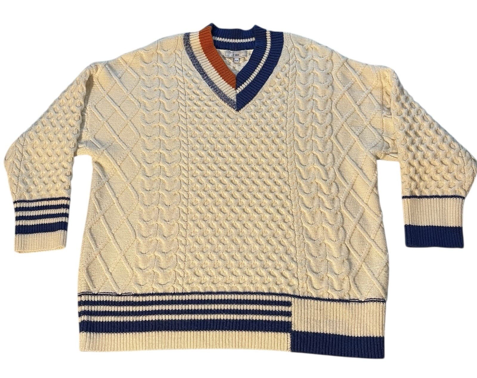 J. Inc Cable Knit Sweater Men's S/M Preppy Cable Knit Varsity V-Neck Style - Thumbnail 2