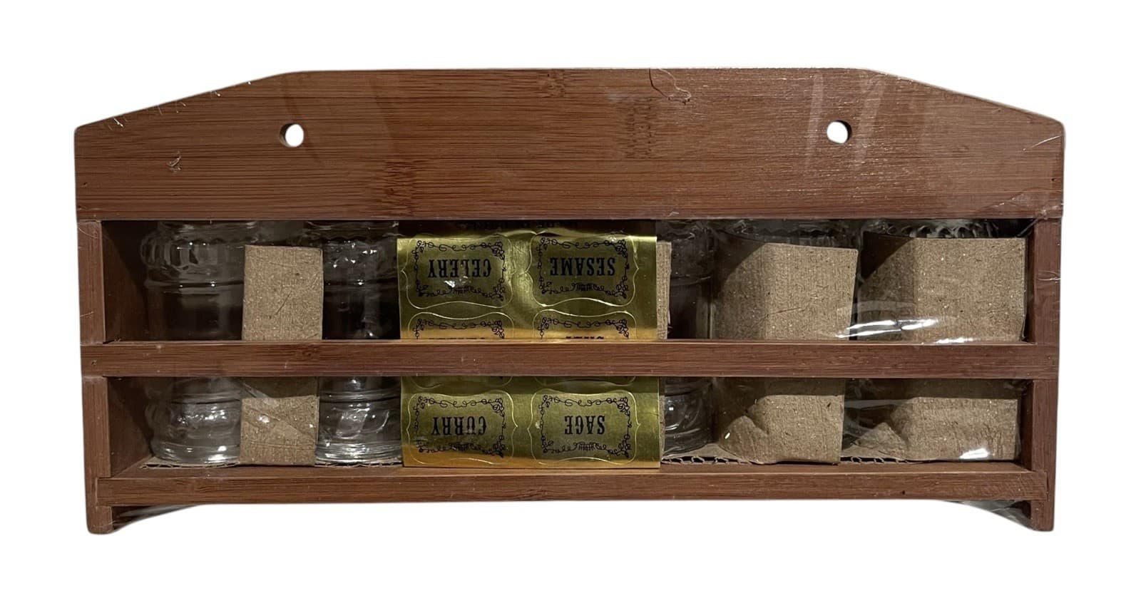 Wooden Hanging Set Of 6 Glass Jar Spice Rack World Market New & Sealed - Thumbnail 2