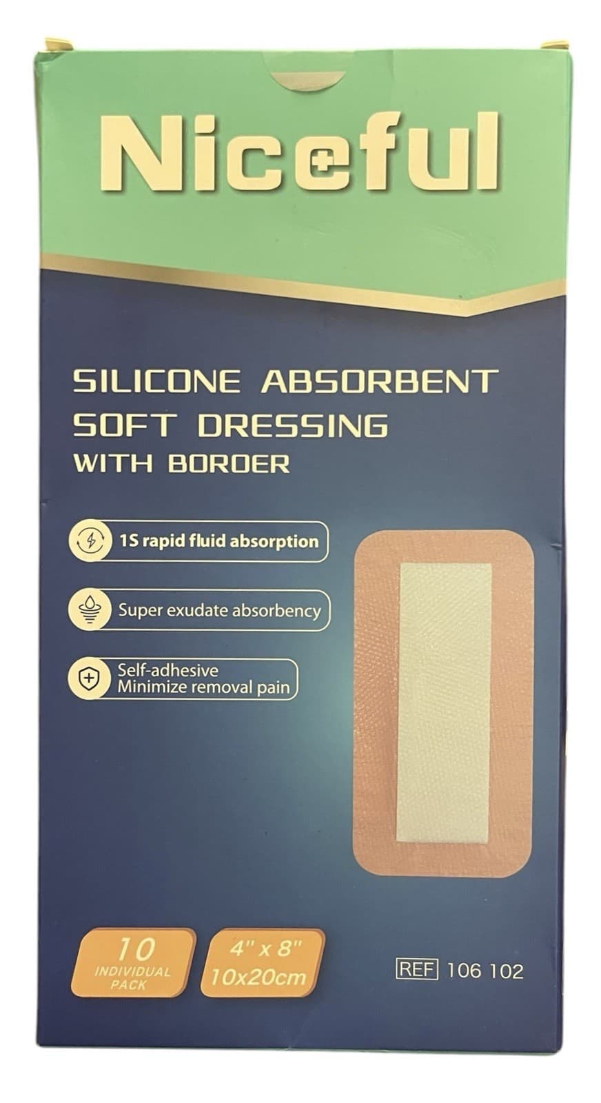 Niceful 10 Packs Silicone Absorbent Foam Soft Foam Dressing With Border 4x8 in,
