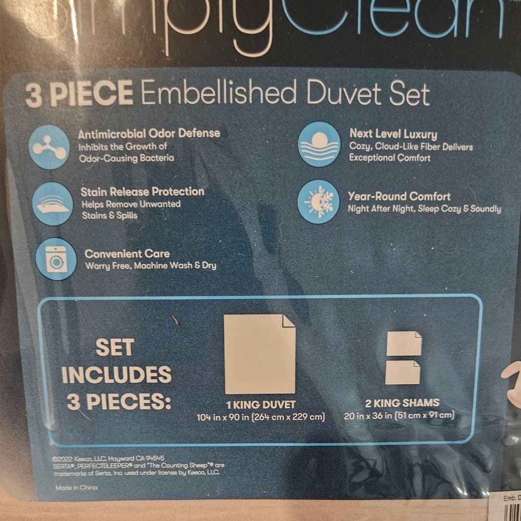King Serta Simply Clean Embellished 3-Piece Duvet Cover Set Pink - Thumbnail 2