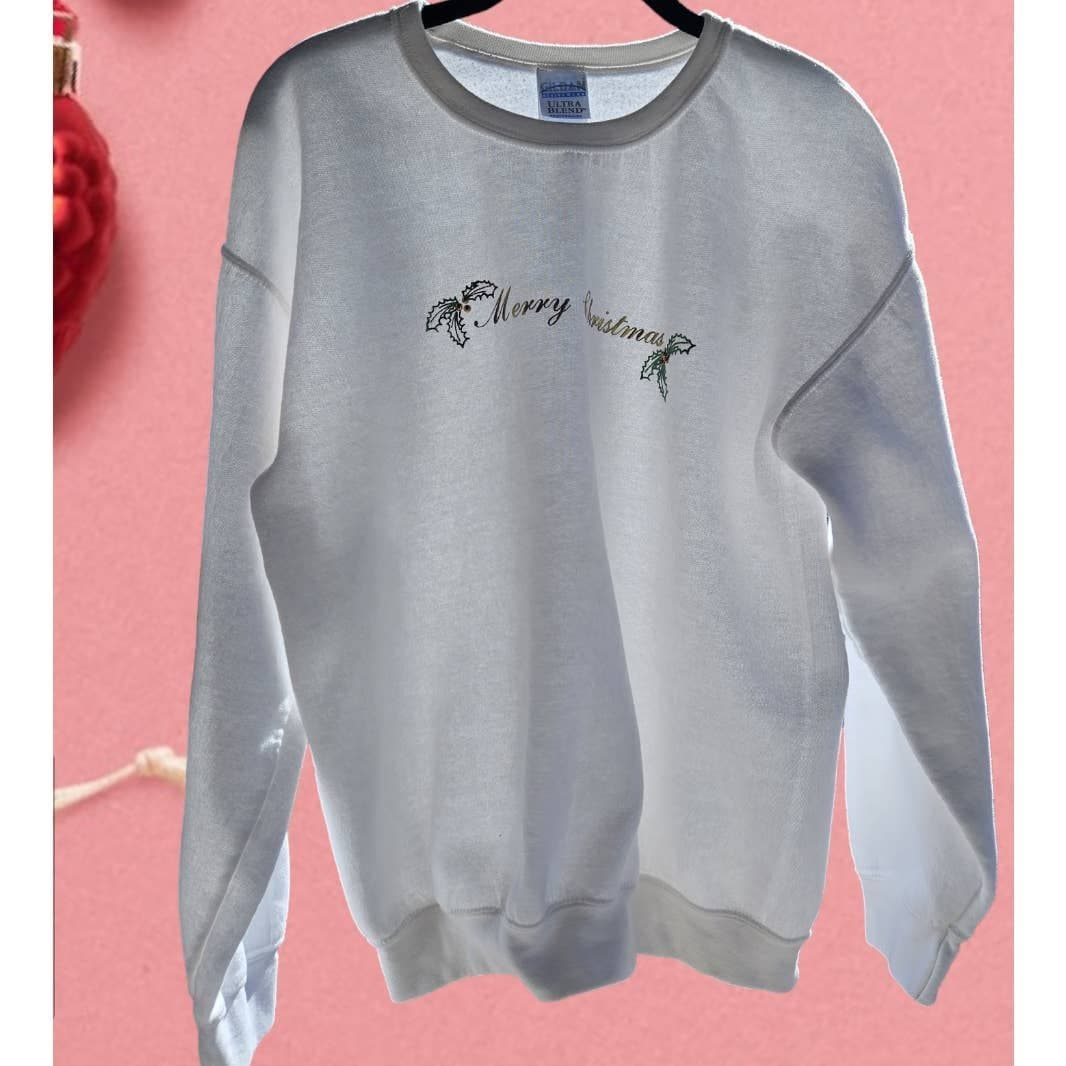 Christmas Sweatshirt Womens White Gildan Medium Embellished Holiday Ugly Sweater - Thumbnail 8