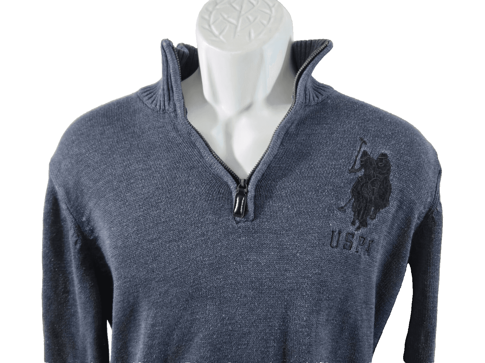 U.S. Polo Assn. Mens Blue/Gray Big Pony 1/4 Zip L/S Embroidered Sweater Med