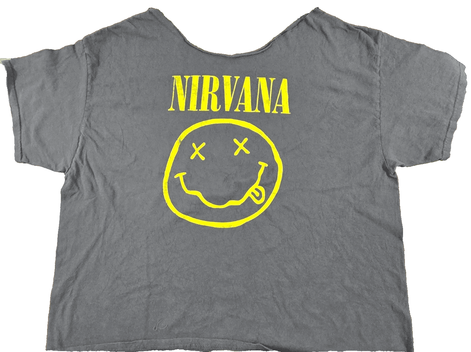 Nirvana Smiley Face Gray Short Sleeved Vintage 90's Cut Tag See Measure Faded