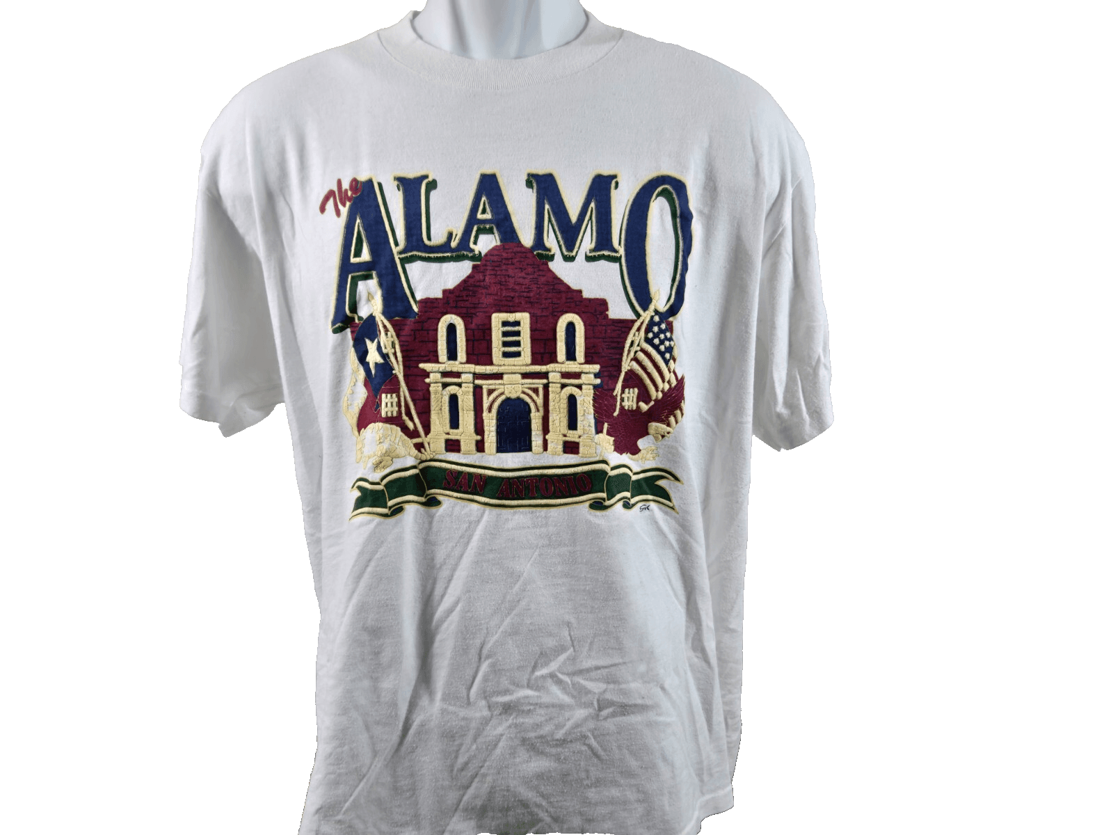 90s Abstract Art The Alamo T Shirt Oneita Power 50 Plus White L Single Stitch