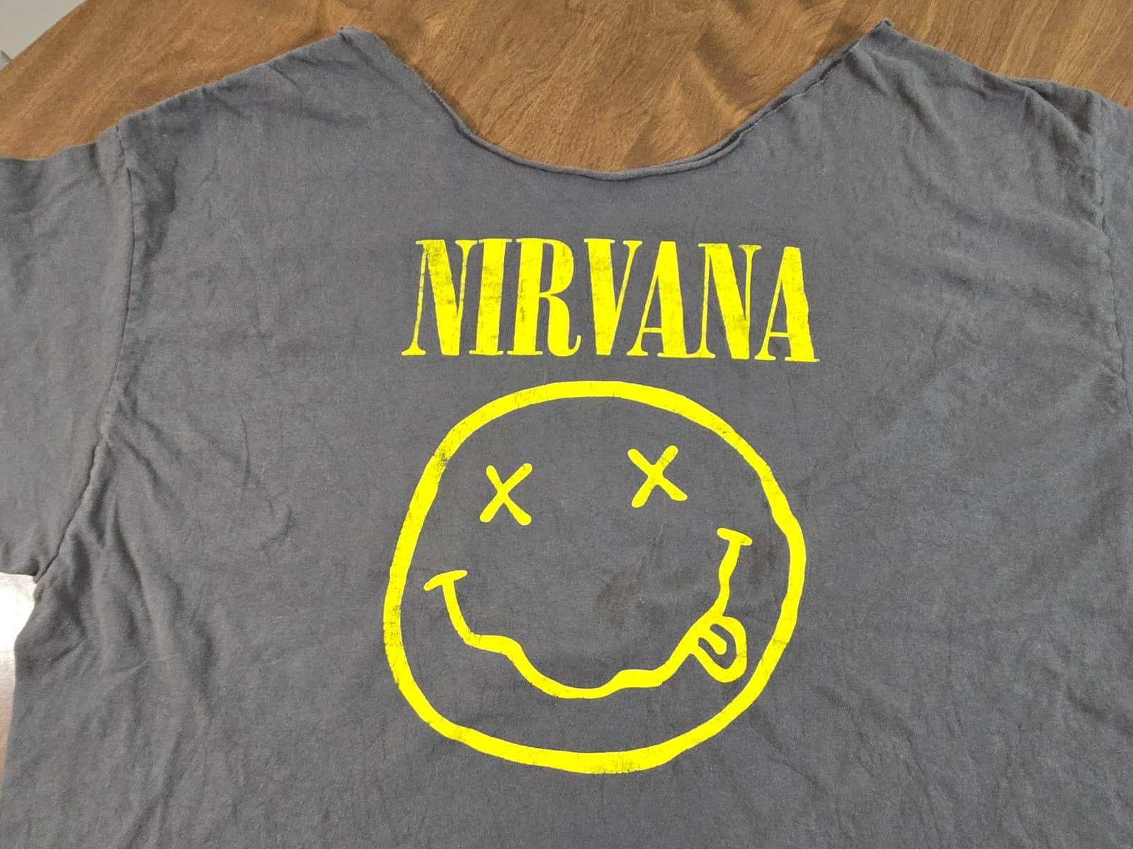 Nirvana Smiley Face Gray Short Sleeved Vintage 90's Cut Tag See Measure Faded - Thumbnail 2
