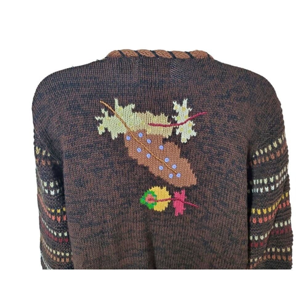 Vintage Hand-Knit Storybook Knits Cardigan Sweater Brown Multicolor Toggle Closu - Thumbnail 9