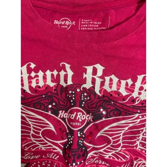 Hard Rock Hotel Biloxi Women's XL Pink Graphic T Shirt Wings Heart Rhinestones