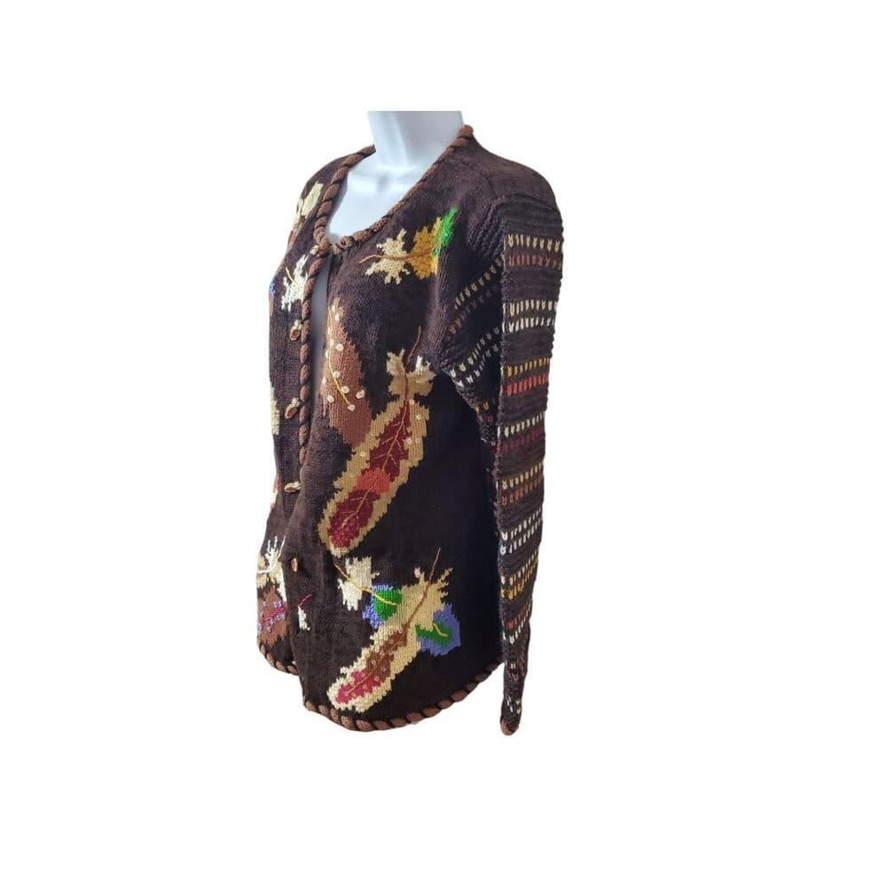 Vintage Hand-Knit Storybook Knits Cardigan Sweater Brown Multicolor Toggle Closu - Thumbnail 5