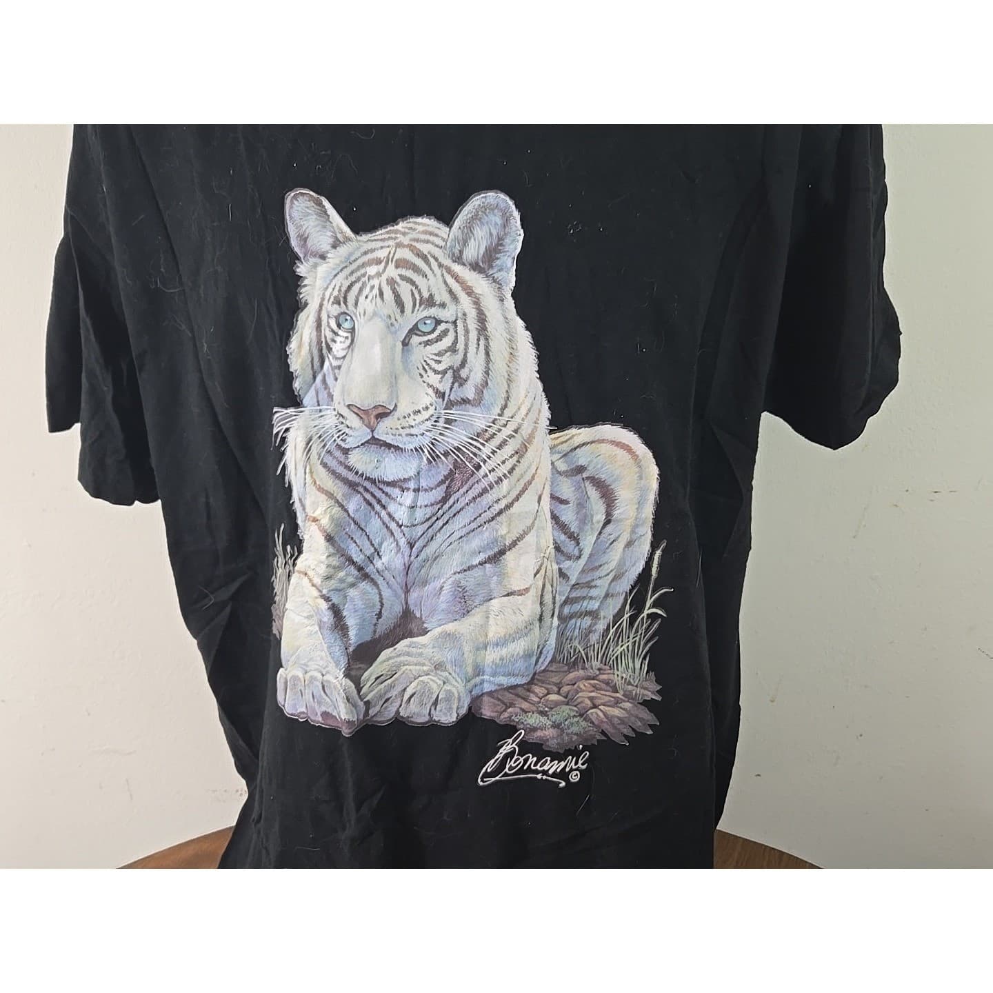 Black Short Sleeve T Shirt White Tiger Graphic Benangge Size XL