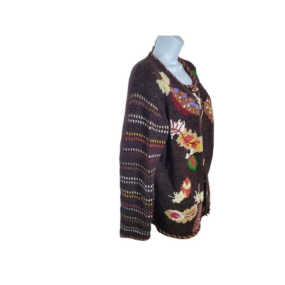 Vintage Hand-Knit Storybook Knits Cardigan Sweater Brown Multicolor Toggle Closu - Thumbnail 6