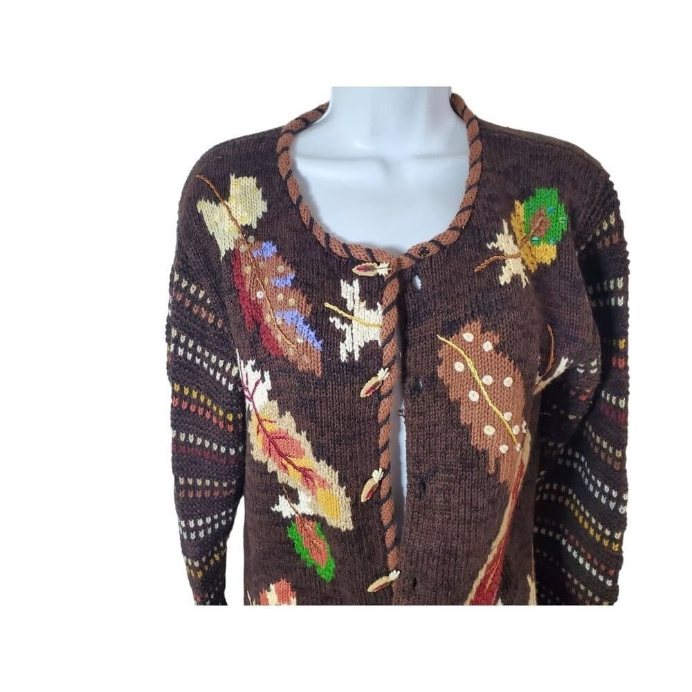Vintage Hand-Knit Storybook Knits Cardigan Sweater Brown Multicolor Toggle Closu - Thumbnail 2