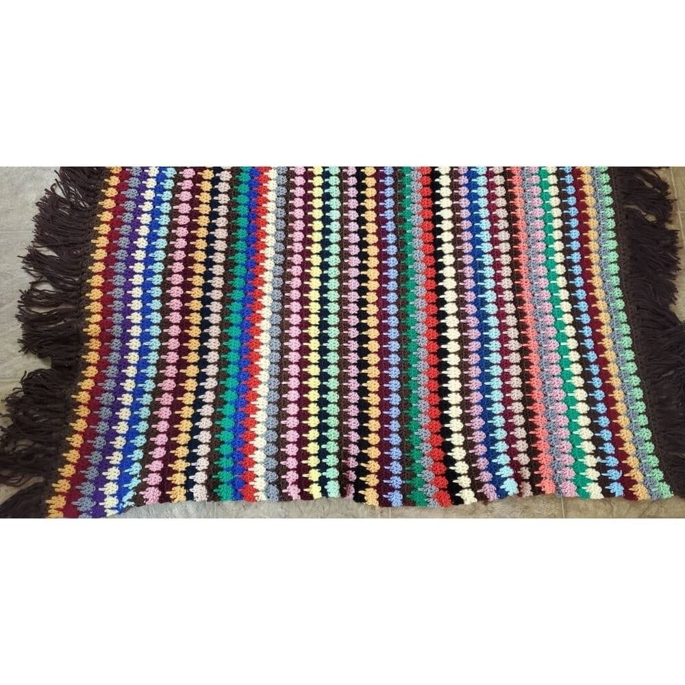 Vintage Multicolor Crochet Afghan Blanket With Fringe