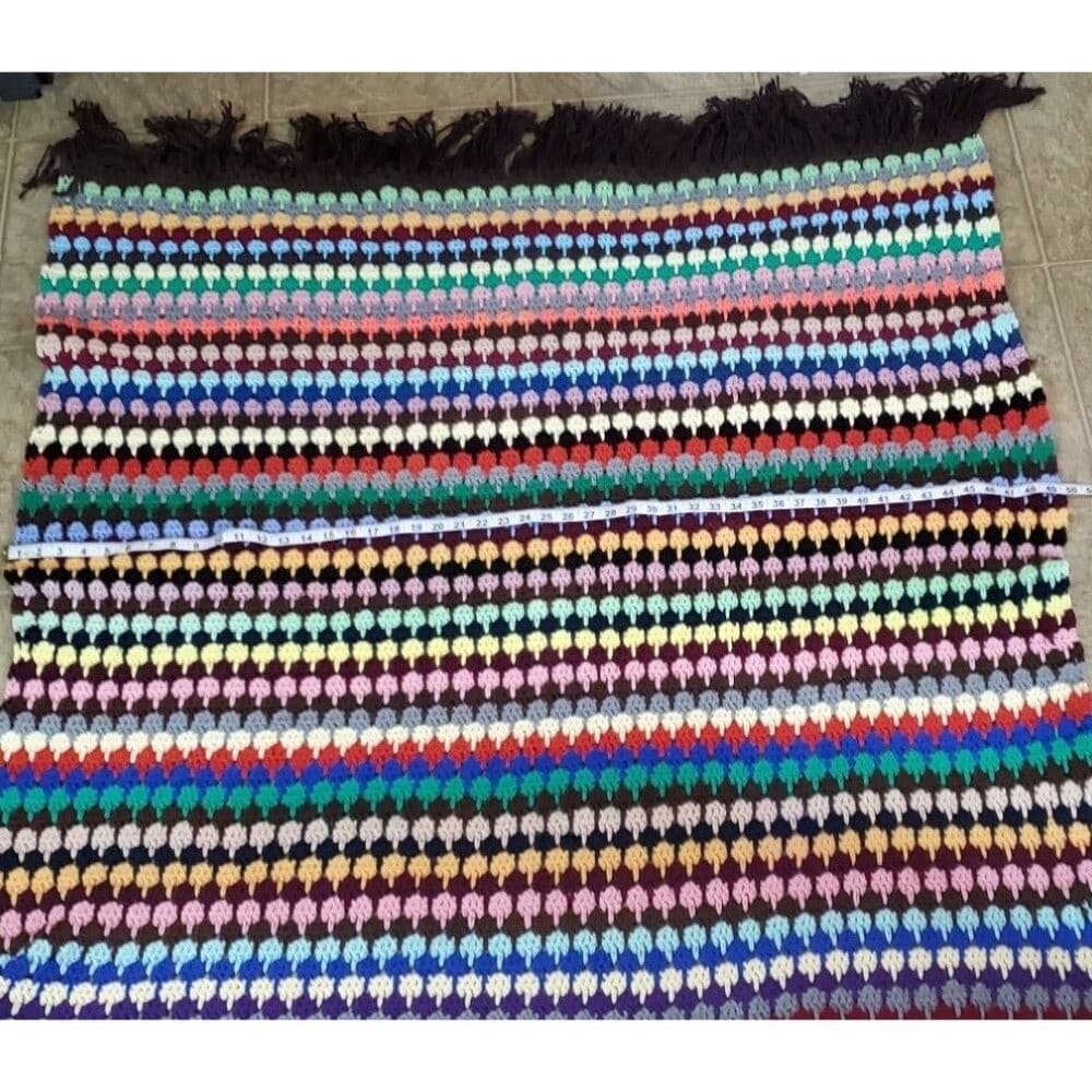 Vintage Multicolor Crochet Afghan Blanket With Fringe - Thumbnail 6