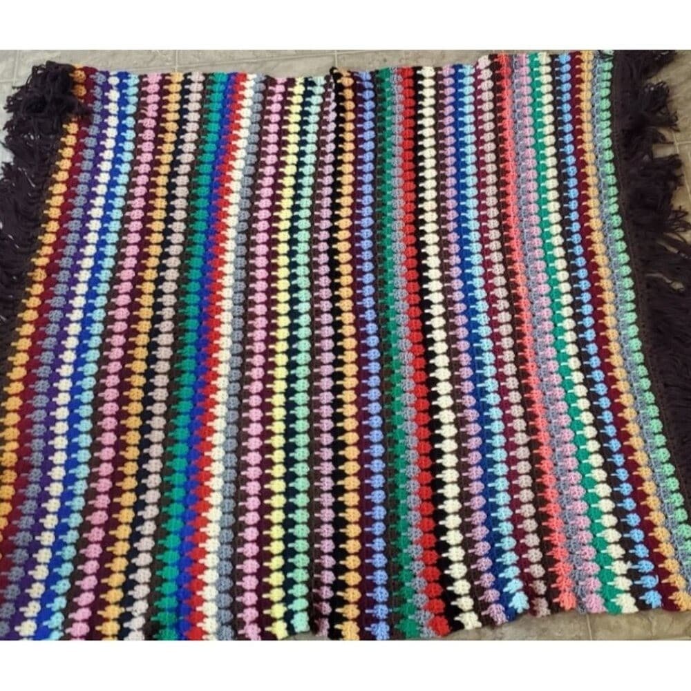 Vintage Multicolor Crochet Afghan Blanket With Fringe - Thumbnail 3
