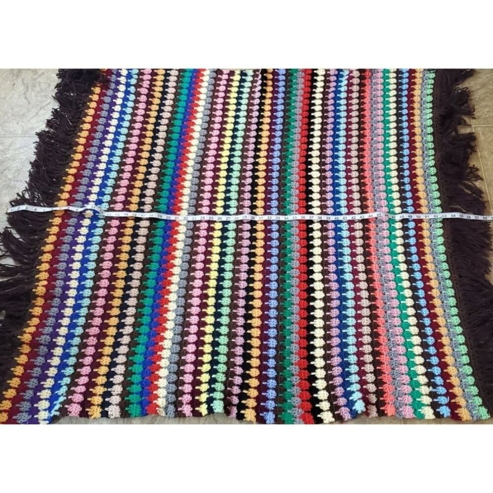 Vintage Multicolor Crochet Afghan Blanket With Fringe - Thumbnail 5