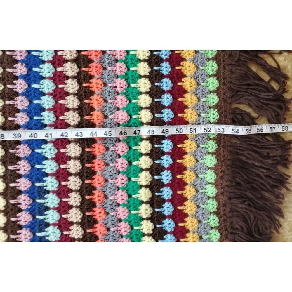 Vintage Multicolor Crochet Afghan Blanket With Fringe - Thumbnail 7