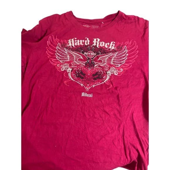 Hard Rock Hotel Biloxi Women's XL Pink Graphic T Shirt Wings Heart Rhinestones - Thumbnail 3