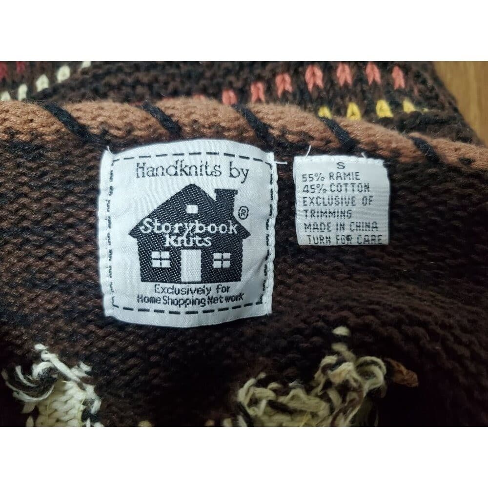 Vintage Hand-Knit Storybook Knits Cardigan Sweater Brown Multicolor Toggle Closu - Thumbnail 4